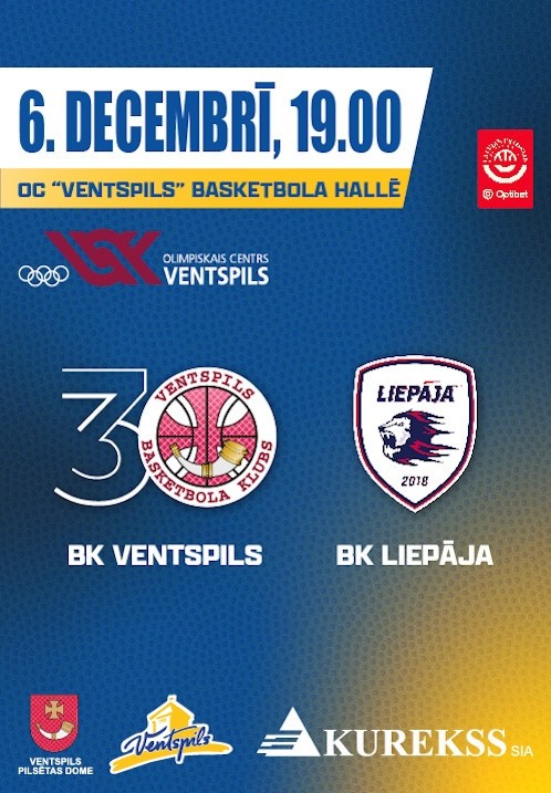 Pirkt biļetes BK Ventspils - BK Liepāja. BK Ventspils mājas spēle Ventspils, Olimpiskais centrs Ventspils Decembris 06