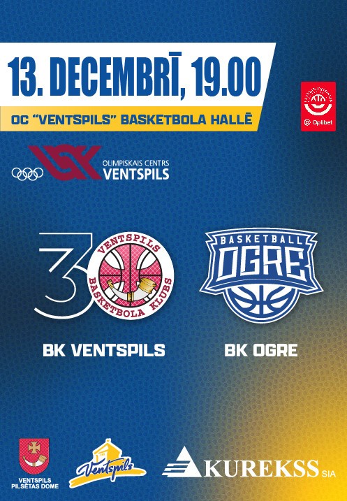 Pirkt biļetes BK Ventspils - BK Ogre. BK Ventspils mājas spēle Ventspils, Olimpiskais centrs Ventspils Decembris 13