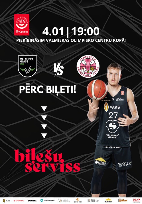 Buy tickets VALMIERA GLASS VIA - BK Ventspils. Optibet Latvijas - Igaunijas basketbola līgas mājas spēle Valmiera, Valmieras Olimpiskais centrs January 04