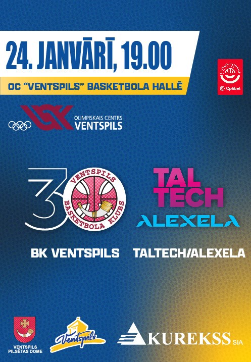 Pirkt biļetes BK Ventspils - Taltech/Alexela. BK Ventspils mājas spēle Ventspils, Olimpiskais centrs Ventspils Janvāris 24