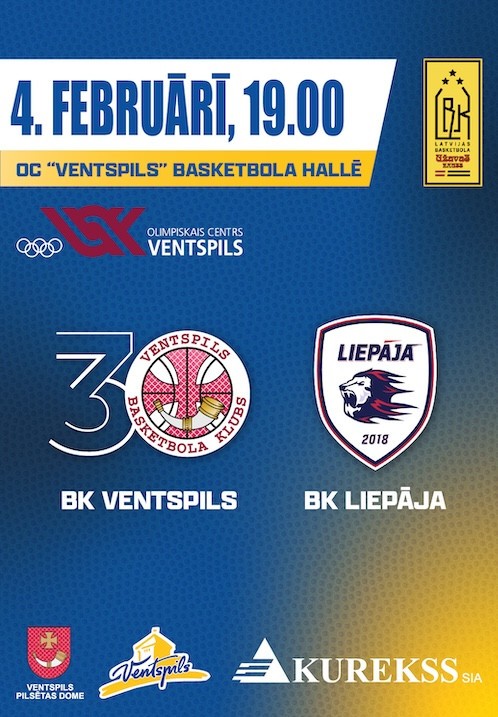 Pirkt biļetes BK Ventspils - BK Liepāja. BK Ventspils mājas spēle Ventspils, Olimpiskais centrs Ventspils Februāris 04