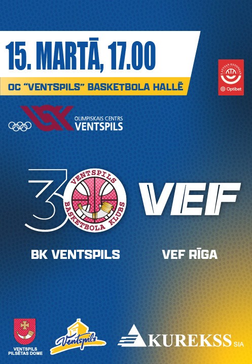 Pirkt biļetes BK Ventspils - VEF Rīga. BK Ventspils mājas spēle Ventspils, Olimpiskais centrs Ventspils Marts 15