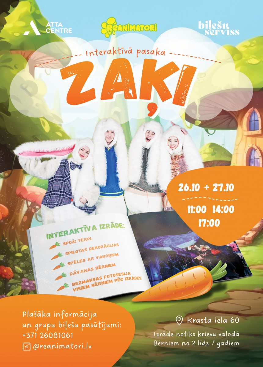 Buy tickets Interaktīvā pasaka - 'Zaķi' / Интерактивная сказка  - 'Зайцы' (PĀRCELTS NO 07.09.2024) Rīga, ATTA Centre October 26