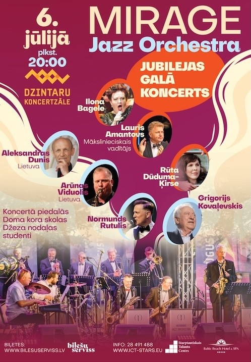 Pirkt biļetes Mirage Jazz Orchestra Jubilejas Galā koncerts Jūrmala, Dzintaru koncertzāle, Jūrmala Jūlijs 06