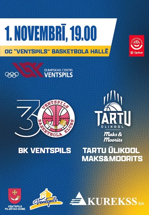 Pirkt biļetes BK Ventspils - Tartu. BK Ventspils mājas spēle Ventspils, Olimpiskais centrs Ventspils Novembris 01